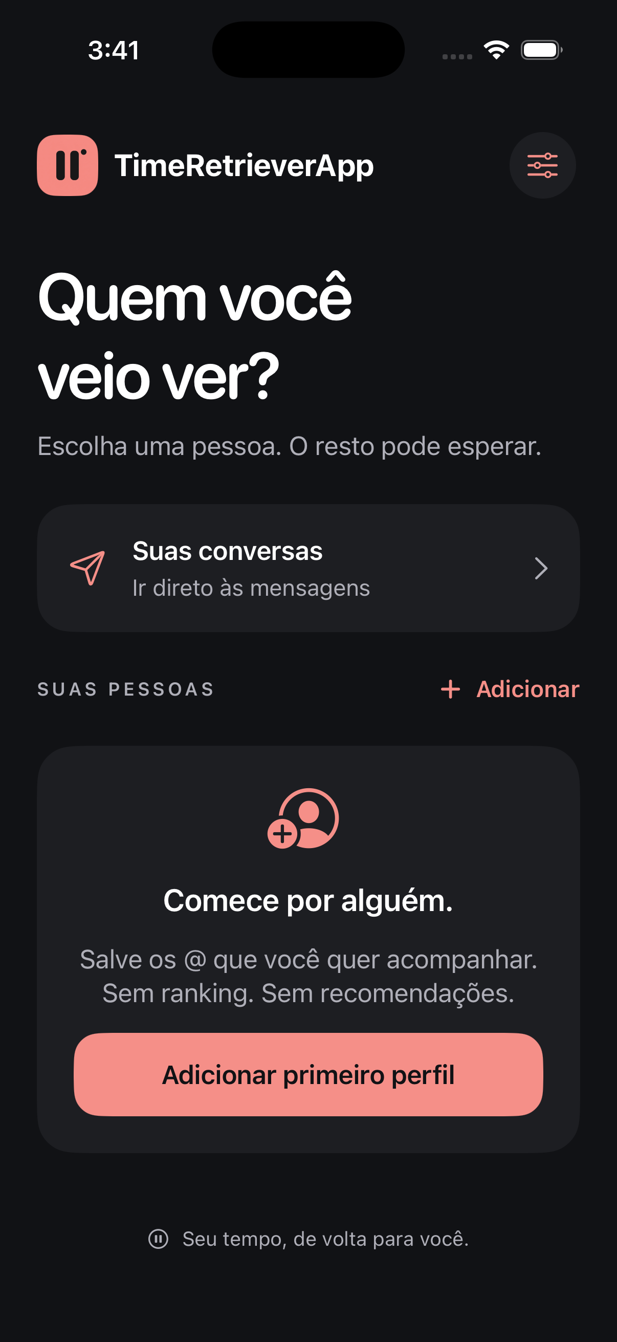 Captura real do app nativo no simulador iOS: tela inicial com mensagens e adição de perfis